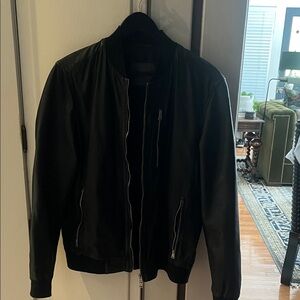 All Saints Black Leather Bomber Jacket with Zip Pockets